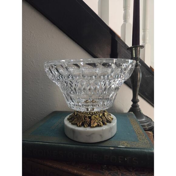 Vintage Cut Crystal Bowl on Marble Pedestal Base with Brass Grapevine Trim 5" - Picture 2 of 7